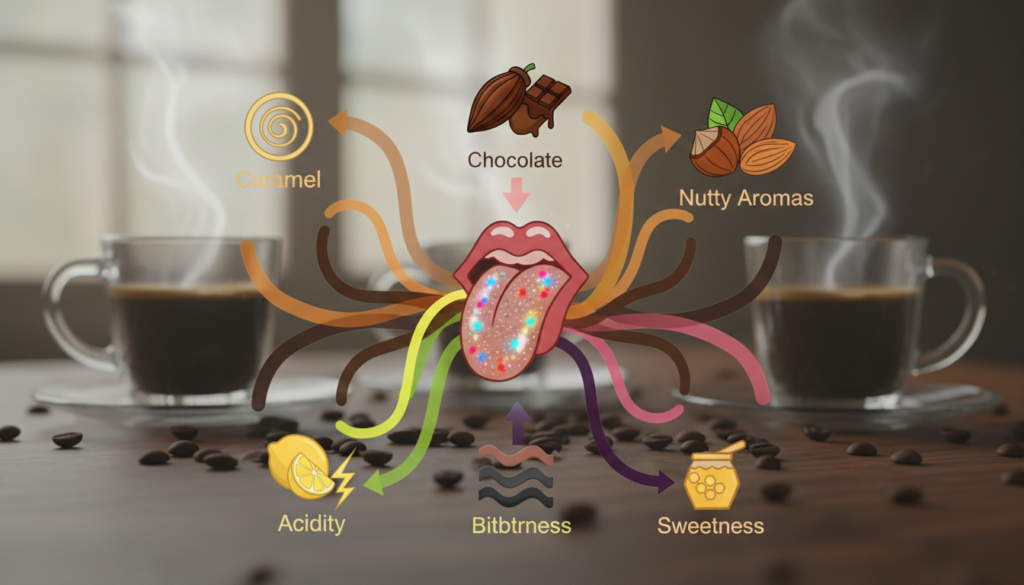 A close-up view of an abstract coffee flavor system diagram, intricately designed to illustrate the interplay of smell, taste, and mouthfeel in coffee consumption. In the foreground, visually striking icons represent various scents like caramel, chocolate, and nutty aromas, as well as taste profiles such as acidity, bitterness, and sweetness, each connected by colorful, flowing lines. In the middle ground, an artistic representation of taste buds on a tongue highlights their activation through the coffee's complex flavors. In the background, soft-focus coffee beans and steaming cups create a warm, inviting atmosphere. Use natural, diffused lighting to enhance the richness of the colors. The overall mood should evoke a sense of curiosity and exploration, perfect for understanding the nuances of coffee flavor.