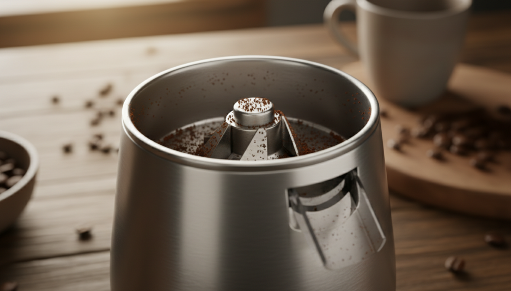 A close-up view of an electric coffee grinder, showcasing the intricate details of the grinding chamber and burrs. The foreground features the grinder's metallic body, reflecting soft, diffused natural light that highlights its sleek design. In the middle, show coffee grounds clinging to the inner surfaces, emphasizing the concept of grind retention. The background should be softly blurred, featuring a wooden countertop adorned with coffee beans, subtly indicating the aroma and warmth of freshly brewed coffee. Use a shallow depth of field to draw focus on the grinder. The overall atmosphere should evoke a sense of precision and expertise in coffee preparation, capturing the scientific aspect of grind retention in a warm and inviting kitchen environment. A close-up view of an electric coffee grinder, showcasing the intricate details of the grinding chamber and burrs. The foreground features the grinder's metallic body, reflecting soft, diffused natural light that highlights its sleek design. In the middle, show coffee grounds clinging to the inner surfaces, emphasizing the concept of grind retention. The background should be softly blurred, featuring a wooden countertop adorned with coffee beans, subtly indicating the aroma and warmth of freshly brewed coffee. Use a shallow depth of field to draw focus on the grinder. The overall atmosphere should evoke a sense of precision and expertise in coffee preparation, capturing the scientific aspect of grind retention in a warm and inviting kitchen environment.