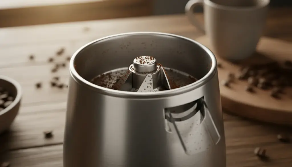 A close-up view of an electric coffee grinder, showcasing the intricate details of the grinding chamber and burrs. The foreground features the grinder's metallic body, reflecting soft, diffused natural light that highlights its sleek design. In the middle, show coffee grounds clinging to the inner surfaces, emphasizing the concept of grind retention. The background should be softly blurred, featuring a wooden countertop adorned with coffee beans, subtly indicating the aroma and warmth of freshly brewed coffee. Use a shallow depth of field to draw focus on the grinder. The overall atmosphere should evoke a sense of precision and expertise in coffee preparation, capturing the scientific aspect of grind retention in a warm and inviting kitchen environment.
