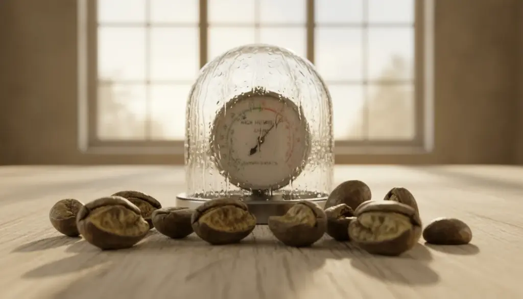 A close-up view of coffee beans displayed on a wooden surface, showcasing various levels of moisture. In the foreground, several half-shelled beans are visibly affected by humidity, exhibiting a puffy texture and subtle discoloration, hinting at chemical changes. The middle layer features a glass container measuring humidity, with condensation forming on its surface to emphasize the atmosphere of high relative humidity. In the background, soft natural light filters through a window, creating a warm, inviting ambiance. The overall mood is informative and scientific, capturing the nuanced effects of humidity on coffee beans while maintaining a clean and professional aesthetic. The composition is perfectly balanced, focusing on the interplay between the beans and the humidity measurement, with a shallow depth of field to draw attention to the details.