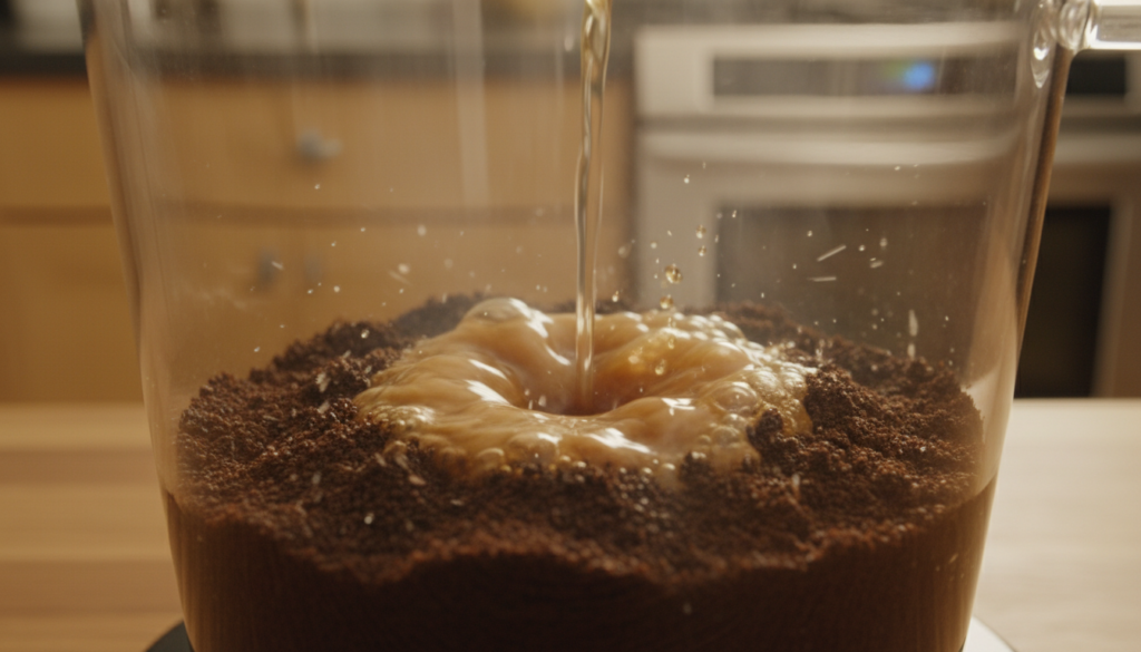 A close-up view of coffee grounds in a brewing vessel, showcasing swirling patterns of turbulence as water interacts with the grounds. In the foreground, the rich, dark coffee grounds are visible with fine details, creating a dimension of texture. The middle ground features cascading water droplets, forming small whirlpools as they mix. The background softly fades, with hints of a blurred kitchen setting, enhancing the focus on the brewing process. The lighting is warm and soft, emanating from an overhead source, casting gentle shadows that add depth. The atmosphere is inviting and cozy, capturing the essence of coffee brewing and the dynamic movement of turbulence.