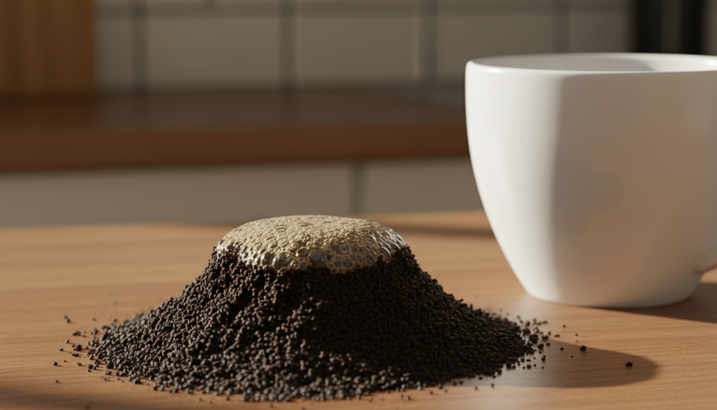 A close-up view of freshly brewed coffee grounds exhibiting subtle bubbling due to carbon dioxide release. The foreground showcases a rich, dark pile of coffee grounds, slightly clumped and glistening with moisture, emitting tiny bubbles that illustrate effervescence and freshness. In the middle ground, a clean, elegant white coffee cup is placed beside the grounds, allowing soft morning light to illuminate both elements, enhancing the texture and depth of the coffee. The background consists of a softly blurred kitchen countertop with warm, inviting tones, evoking a cozy atmosphere. The image is well-lit with natural light coming from the left, creating gentle shadows that add dimension. The composition captures the essence of freshly brewed coffee, emphasizing the importance of blooming in the brewing process for optimal flavor.