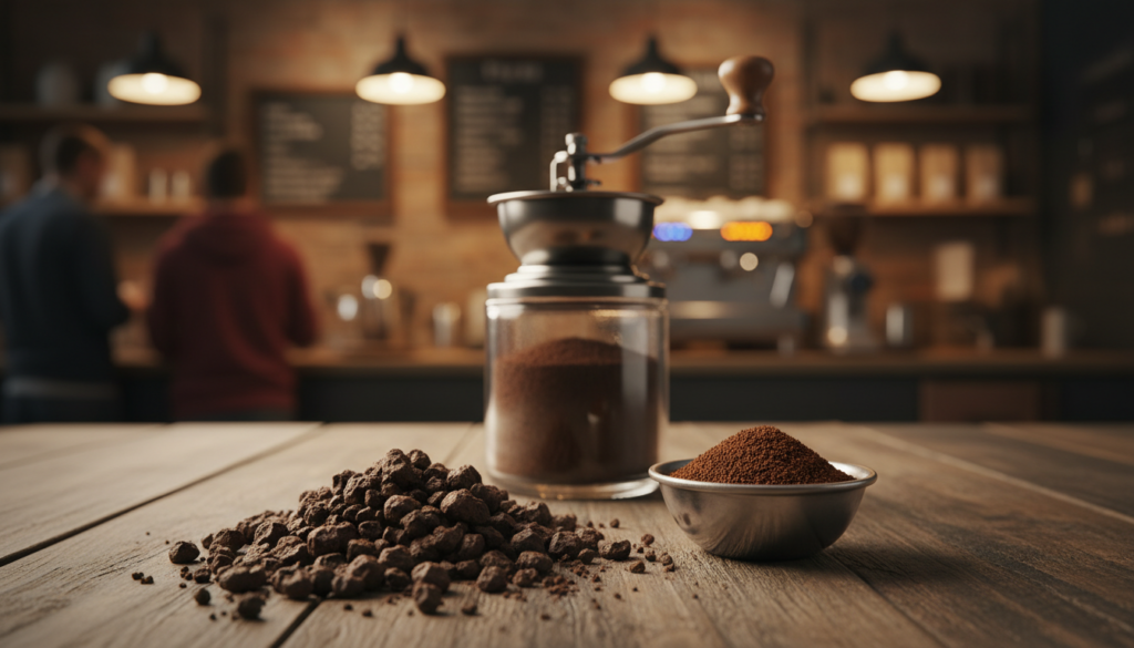 A close-up view of various coffee grind sizes displayed on a wooden surface, showcasing different textures from coarse to fine. In the foreground, prominently feature a handful of coarse coffee grounds, with a clear distinction between them and a fine espresso grind in a small, elegant dish beside it. In the middle ground, include a glass coffee grinder, slightly blurred, hinting at the grinding process, with light reflecting off its metallic surfaces. The background should be softly focused, featuring a cozy coffee shop atmosphere with warm lighting that creates a rich, inviting ambiance. The overall mood is educational yet relaxed, capturing the science behind coffee extraction balance. A close-up view of various coffee grind sizes displayed on a wooden surface, showcasing different textures from coarse to fine. In the foreground, prominently feature a handful of coarse coffee grounds, with a clear distinction between them and a fine espresso grind in a small, elegant dish beside it. In the middle ground, include a glass coffee grinder, slightly blurred, hinting at the grinding process, with light reflecting off its metallic surfaces. The background should be softly focused, featuring a cozy coffee shop atmosphere with warm lighting that creates a rich, inviting ambiance. The overall mood is educational yet relaxed, capturing the science behind coffee extraction balance.