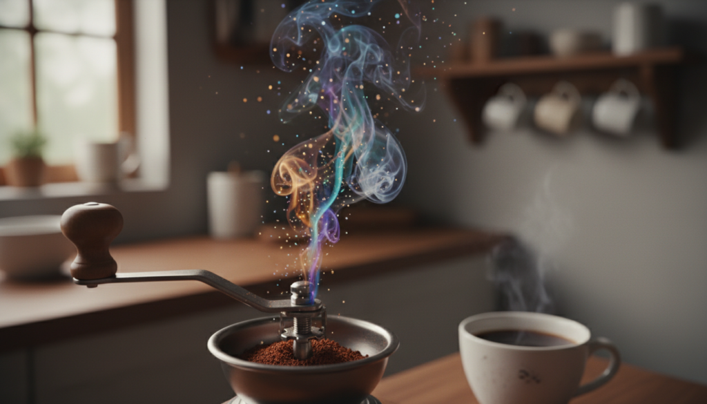 A close-up view of volatile aromatic compounds released from freshly ground coffee beans, depicted as colorful, swirling vapor and particles in the air. In the foreground, show a delicate coffee grinder with freshly ground coffee, grains reflecting light. The middle ground features a blurred steaming cup of coffee, enhancing the aromatic theme. The background is a softly lit kitchen setting, creating a warm, inviting atmosphere. Use soft, diffused lighting to illuminate the scene, highlighting the vibrant colors of the aroma compounds against a muted backdrop. The composition should evoke a sense of freshness and the ephemeral nature of coffee aromas, capturing the dynamic movement of the volatile compounds.