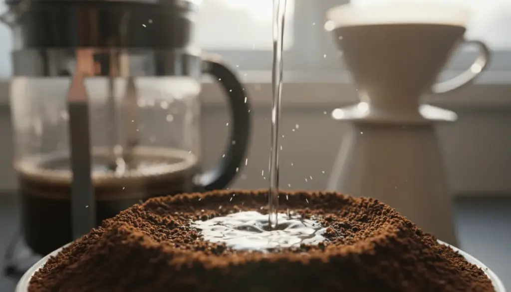 A close-up view of water flowing over coffee grounds during the brewing process, showcasing the intricate interaction between liquid and solid elements. In the foreground, focus on tightly packed, evenly ground coffee, emphasizing varied surface areas that hint at extraction efficiency. The middle layer captures a stream of clear water cascading, with droplets glistening under soft, natural sunlight, creating a serene and inviting atmosphere. The background features blurred brewing equipment, such as a French press or pour-over setup, subtly highlighting the brewing environment without distraction. The overall mood is one of calm and precision, conveying the importance of consistency in coffee extraction through a harmonious blend of textures and light.