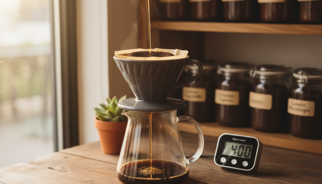 A cozy and inviting coffee brewing scene captured around the peak time for optimal flavor. In the foreground, a high-quality ceramic pour-over coffee maker is positioned over a delicate glass carafe, with fresh, aromatic coffee grounds artfully displayed. Rich, golden-brown coffee is being poured, creating a gentle cascade against the warm glow of softly diffused natural light coming from a nearby window. The middle ground features a rustic wooden table adorned with a small, vibrant plant and a timer, symbolizing freshness. In the background, blurred shelves stocked with coffee jars hint at various roasts, creating depth and context. The overall mood is warm, tranquil, and focused on the ritual of brewing, emphasizing the beauty and importance of freshly roasted coffee.
