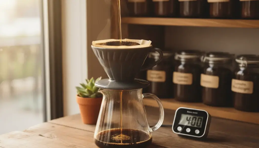 Freshly brewed pour-over coffee dripping from a ceramic brewer into a glass carafe on a rustic wooden table, with coffee grounds, a timer, a small plant, soft natural window light, and blurred shelves of coffee jars in the background.
