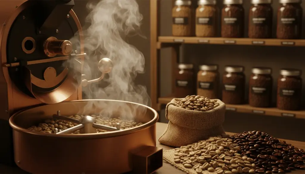 Copper coffee roasting machine steaming in a cozy workshop, with green beans turning golden, roasted beans, burlap sack, and warm shelves of labeled coffee jars.