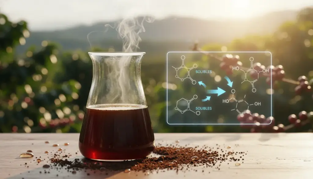 Detailed coffee brewing solubility scene with a glass beaker of dark fresh coffee, steam, coffee grounds, water droplets, molecular diagram, and a warm blurred coffee farm background.