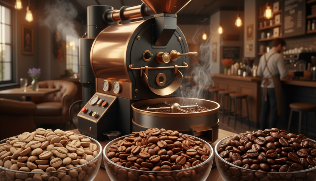 A detailed, artistic representation of coffee roast phases post-first crack, showcasing three distinct stages: light brown, medium brown, and dark brown coffee beans. Foreground features close-up portraits of the beans, highlighting their textures and colors with a glossy sheen. In the middle ground, an artisanal coffee roasting machine with visible controls and gauges, emitting delicate steam. The background is softly blurred, depicting a cozy, warmly lit coffee shop ambiance with soft, golden lighting. The overall mood conveys a sense of warmth and expertise, with an inviting atmosphere. The image should strike a balance between professionalism and artistic expression, capturing the essence of coffee roasting science.