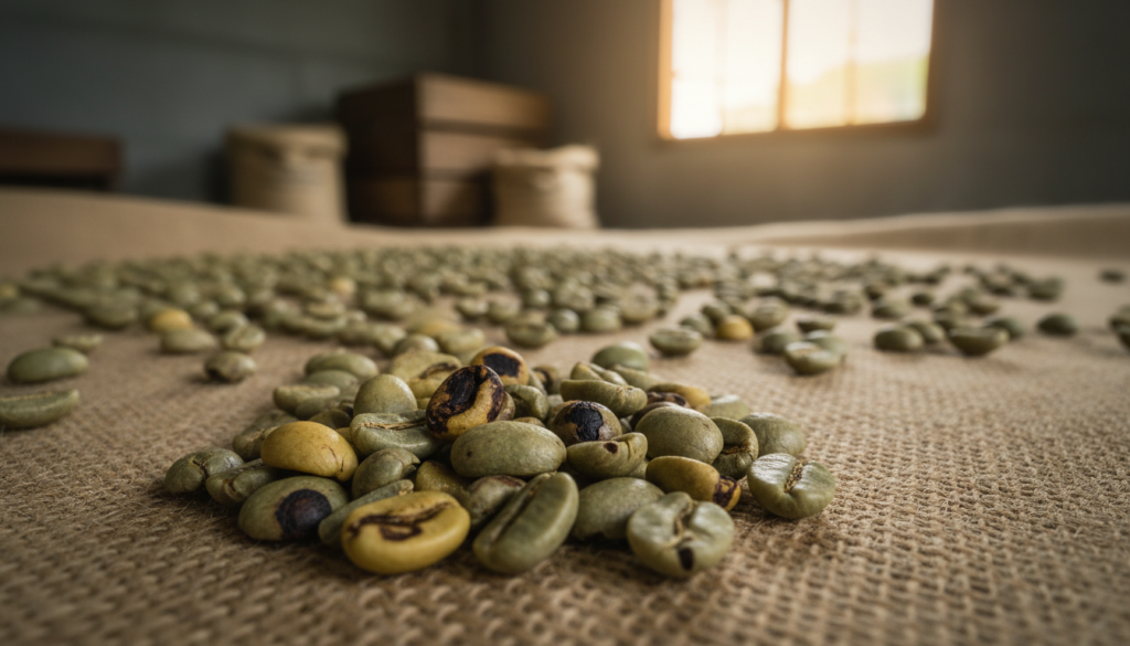 A detailed close-up of green coffee beans displaying various defects, such as unripe beans, black or brown spots, and uneven shapes, highlighting the contrast between primary and secondary defects. In the foreground, focus on a handful of defective beans resting on a burlap sack, with sharp details revealing their textures and imperfections. The middle ground features more green coffee beans spread out, showcasing a mix of healthy and defective specimens. The background should be softly blurred, suggesting a rustic coffee processing environment with wooden crates and natural light filtering through a window, creating a warm and informative atmosphere. Use a macro lens perspective with soft, natural lighting to emphasize the beans' colors and defects. A detailed close-up of green coffee beans displaying various defects, such as unripe beans, black or brown spots, and uneven shapes, highlighting the contrast between primary and secondary defects. In the foreground, focus on a handful of defective beans resting on a burlap sack, with sharp details revealing their textures and imperfections. The middle ground features more green coffee beans spread out, showcasing a mix of healthy and defective specimens. The background should be softly blurred, suggesting a rustic coffee processing environment with wooden crates and natural light filtering through a window, creating a warm and informative atmosphere. Use a macro lens perspective with soft, natural lighting to emphasize the beans' colors and defects.