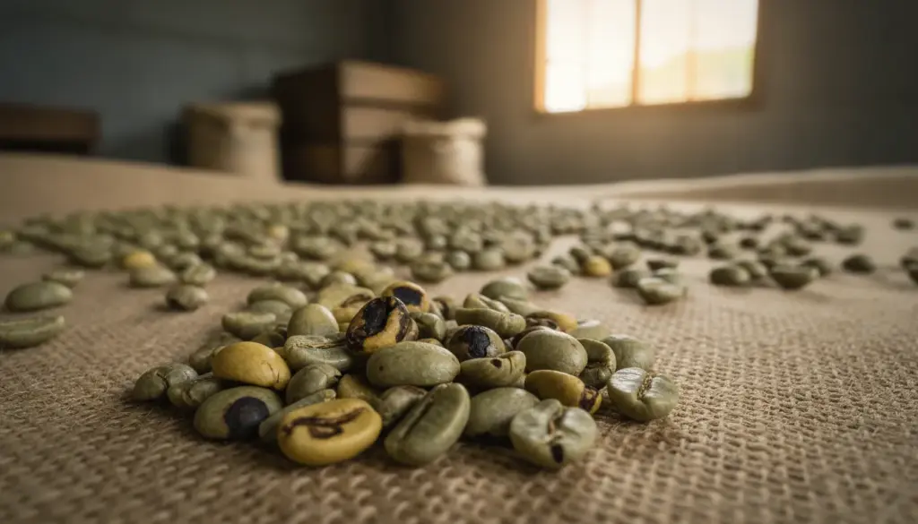 A detailed close-up of green coffee beans displaying various defects, such as unripe beans, black or brown spots, and uneven shapes, highlighting the contrast between primary and secondary defects. In the foreground, focus on a handful of defective beans resting on a burlap sack, with sharp details revealing their textures and imperfections. The middle ground features more green coffee beans spread out, showcasing a mix of healthy and defective specimens. The background should be softly blurred, suggesting a rustic coffee processing environment with wooden crates and natural light filtering through a window, creating a warm and informative atmosphere. Use a macro lens perspective with soft, natural lighting to emphasize the beans' colors and defects.