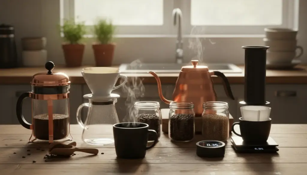 A detailed close-up shot of a coffee brewing setup, showcasing various methods like a French press, pour-over, and AeroPress arranged artistically on a wooden kitchen counter. In the foreground, a steaming cup of coffee sits next to a precise scale and a timer, symbolizing careful measurement. The middle ground features a vintage kettle with hot water, highlighting the importance of water temperature, and a range of coffee beans in different grind data-sizes. In the background, soft natural light filters through a window, creating a warm, inviting atmosphere. The scene evokes a sense of focus and craftsmanship, capturing the essence of coffee brew consistency while maintaining a calm and cozy mood.