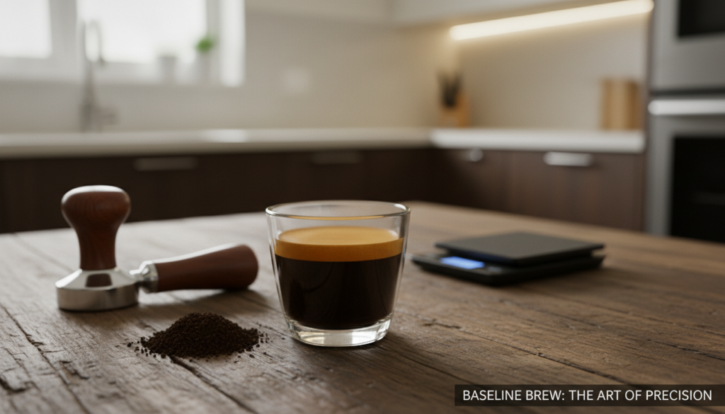 A pristine espresso shot served in a clear glass demitasse, showcasing the rich crema on top, glistening under soft, natural lighting. The glass sits atop a rustic wooden table, accompanied by a sleek, metal espresso tamper and freshly ground coffee beans scattered artistically in the foreground. In the middle ground, a minimalist coffee scale is visible, emphasizing precision in measurement. The background features a blurred, modern kitchen setting with warm tones, including neutral-colored walls and sleek cabinetry, creating an inviting atmosphere. The overall mood is calm and focused, conveying the art of espresso preparation while highlighting the importance of a baseline recipe for achieving that perfect cup. Shot from a slightly elevated angle to capture the details effectively.
