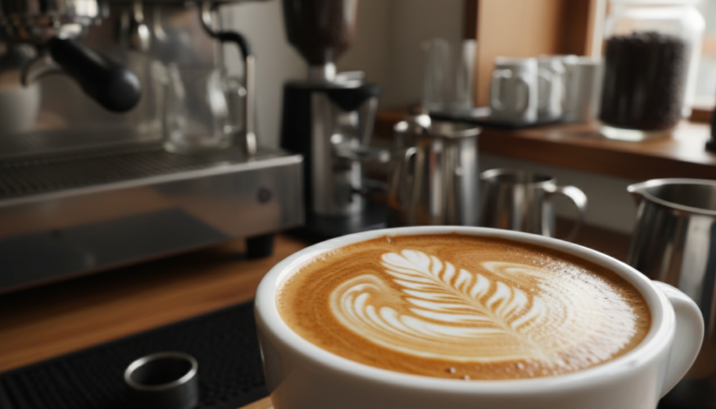A rich, close-up view of a perfectly brewed espresso cup topped with a creamy, golden-brown crema, showcasing intricate patterns on the surface. The background features blurred coffee-making equipment and warm, inviting tones to create a cozy café atmosphere. The foreground highlights the textured crema, with soft reflections of light emphasizing its velvety quality. Use natural, diffused lighting to enhance the warmth and richness of the coffee, while maintaining a subtle depth of field, focusing on the crema. The overall mood should convey the art and science of espresso, evoking feelings of comfort and appreciation for the finer details of this beloved beverage.