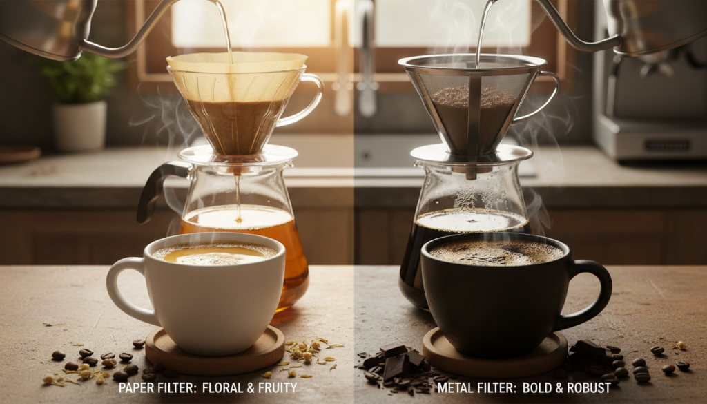 A split image showcasing the taste differences between paper and metal coffee filters. In the foreground, a close-up of two steaming cups of coffee side by side, each made using different filters. The paper-filtered coffee, lighter in color, has subtle hints of floral and fruity notes, while the metal-filtered coffee exhibits a richer, darker hue, highlighting its bold, robust flavors. In the middle ground, an elegantly arranged coffee setup with a glass pour-over dripper, one filled with paper and the other with metal. The background features a cozy kitchen scene with warm, soft lighting filtering through window panes, evoking a harmonious and inviting atmosphere. The composition emphasizes freshness and quality, drawing attention to the tasting experience.