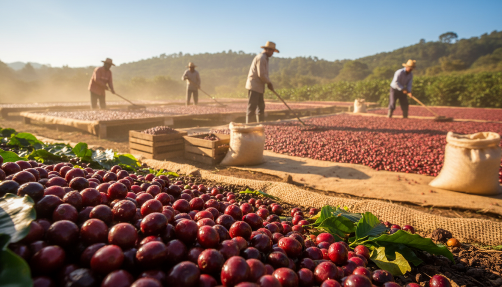 A sun-drenched coffee farm during the natural processing method, with ripe coffee cherries scattered across the ground on vibrant, green coffee plants. In the foreground, a close-up of the cherries, glistening with moisture, showcasing their deep red hues and earthy textures. In the middle ground, workers in modest work clothes carefully spread the cherries out to dry under the warm sun, surrounded by burlap sacks and wooden drying tables. The background features rolling hills covered in lush vegetation and a bright blue sky, hinting at the warm climate. Soft, diffused sunlight creates a golden hue, emphasizing warmth and inviting imagery, evoking a sense of natural abundance and sweetness. The overall mood is serene and productive, capturing the essence of traditional coffee processing.