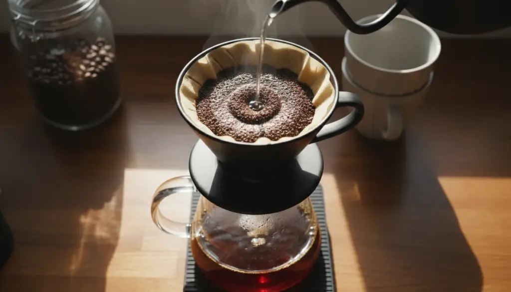 A top-down view of a pour-over coffee setup showcasing the extraction process. In the foreground, a sleek glass carafe containing freshly brewed coffee, warm steam rising gently, highlighting its rich, dark color. A modern, minimalist coffee dripper sits on a scale, with coffee grounds textured and arranged for perfect water flow. In the middle ground, the brewing process is illuminated by soft, diffused natural light, casting gentle shadows that enhance the scene's depth. In the background, a cozy kitchen environment with blurred-out details such as coffee beans in a jar and a wooden countertop, conveying a warm, inviting atmosphere. The image should evoke a sense of craftsmanship and care inherent in coffee preparation, emphasizing the nuances of extraction and flavor development without distractions.