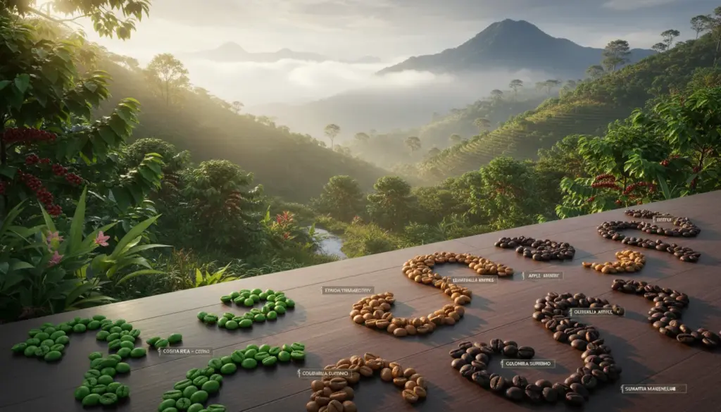 A vibrant coffee landscape illustrating the acidity of different coffee beans by origin. In the foreground, various coffee beans arranged in elegant patterns, showcasing their rich colors—bright greens, deep browns, and golden yellows. In the middle ground, lush coffee plants grow on a gently sloping hillside at different altitudes; one side reflecting a tropical region with rich foliage, and the other showing a higher altitude region with misty mountains in the background. Soft morning light bathes the scene, casting gentle shadows and highlighting the glossy texture of the beans. The atmosphere is serene and captivating, inviting viewers to appreciate the complexity of coffee flavors influenced by environment and elevation. The composition is shot at a slight angle to emphasize depth and richness.