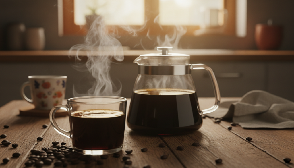A warm, inviting scene showcasing a freshly brewed pot of coffee on a rustic wooden table, steam gently rising and swirling above the pot, creating an ethereal aura. In the foreground, a close-up of a glass coffee cup filled with dark, rich coffee, capturing reflections of the ambient light. In the middle ground, scattered coffee beans and the glossy, aromatic coffee oils glistening on the surface around the cup, emphasizing their deep, oily texture. The background features blurred hints of a cozy kitchen setting, with soft, warm lighting casting a golden hue, evoking a sense of morning tranquility. The atmosphere is rich and comforting, inviting viewers to savor the moment and the profound aromas that coffee provides.