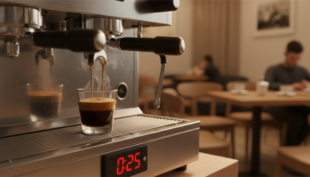 An espresso shot being brewed in a modern espresso machine, featuring a rich, dark liquid flowing out of a double portafilter. In the foreground, a close-up of the shiny stainless steel espresso machine, with steam rising gently and a perfectly formed crema on the shot of espresso. In the middle ground, a timer displaying the ideal shot time of 25 seconds, indicating the extraction process. The background consists of a softly blurred café setting, with warm ambient lighting creating a cozy atmosphere. The composition is shot at a slightly angled perspective, using a shallow depth of field to highlight the espresso shot while softly blurring the background. The overall mood is inviting and focused, perfect for coffee enthusiasts and home brewers.