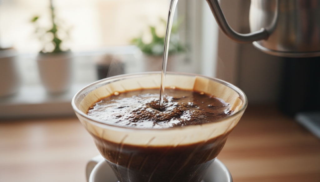 Close-up of freshly ground coffee in a pour-over dripper, showcasing the blooming effect as hot water is poured over it. The foreground features the intricate textures of coffee grounds expanding and releasing gases, resembling delicate undulations and bubbles forming. In the middle, the water gently cascades over the grounds, with rich, earthy colors and steam rising, emphasizing movement. The background is softly blurred, hinting at a warm and inviting kitchen setting with natural light filtering through a nearby window, casting a gentle glow on the scene. The atmosphere is calm and serene, inviting viewers to appreciate the beauty of the coffee brewing process. The image should be clean and focused, ideal for visually explaining the concept of coffee blooming without any text or distractions.
