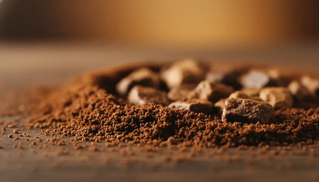 Close-up view of finely ground coffee particles, highlighting their texture and size variations. In the foreground, showcase a scattering of fines—small, powder-like grains that convey a rich, dark brown color. In the middle ground, include larger grind particles to represent a contrast, subtly displaying how uneven distribution affects brewing. The background should be a softened gradient of earthy tones, suggesting warmth and comfort. Utilize soft, diffused lighting to accentuate the sheen of the coffee grounds, casting gentle shadows that create depth. The image should evoke a sense of precision and detail, illustrating the critical nuances of coffee grind data-sizes, with a focus on the fines. Shot at a low angle to emphasize the texture and create an intimate perspective.