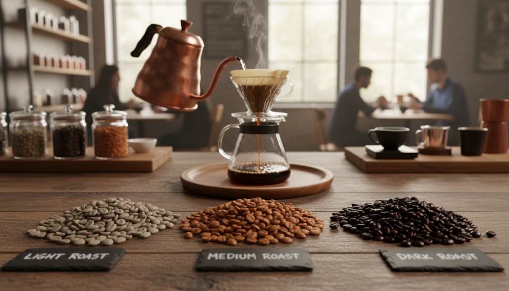 In the foreground, a variety of freshly roasted coffee beans displayed in neat piles, showcasing different roast levels: light, medium, and dark, each with distinct colors and shine. In the middle, a beautifully crafted coffee brewing setup with a pour-over coffee maker, hot water kettle, and elegant glass carafe, capturing the brewing process's artistry. The background features an inviting coffee shop ambiance with warm, soft lighting, wooden shelves filled with jars of spices and coffee accessories, and blurred patrons enjoying their drinks, creating a cozy, aromatic atmosphere. The focus should be sharp on the beans and brewing setup while the background gently fades, evoking the intricate journey of coffee flavors.