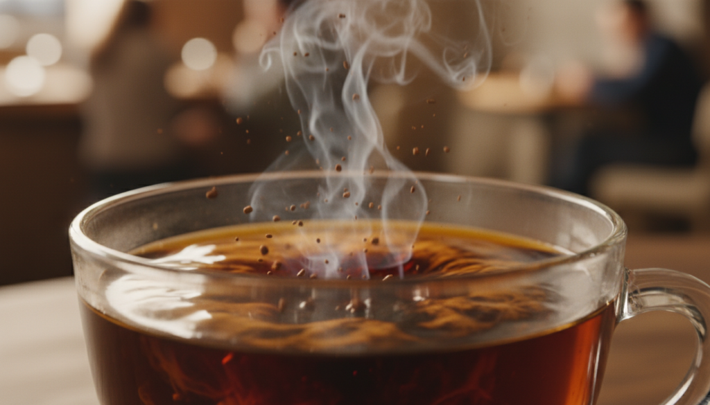 Visualize an intricate close-up of coffee compounds dissolving in a steaming cup of coffee. In the foreground, vibrant aromatic coffee granules swirl, releasing delicate wisps of steam that rise upwards. The middle ground features a clear glass vessel showcasing the transformation of these granules into rich, dark liquid, highlighting the solubility process. The background is softly blurred, hinting at a cozy coffee shop atmosphere with warm, ambient light filtering through, casting gentle highlights on the liquid surface. The image is captured from a slightly elevated angle to emphasize the dissolution effect and create an inviting mood, evoking the sensory pleasure of a freshly brewed cup of coffee.