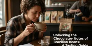 Mulher saboreando café brasileiro em cafeteria aconchegante