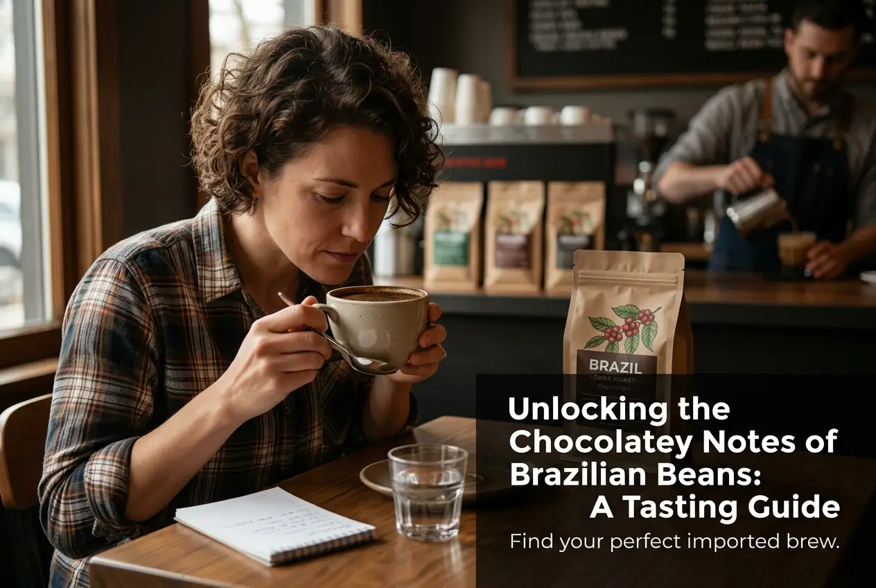 Mulher saboreando café brasileiro em cafeteria aconchegante