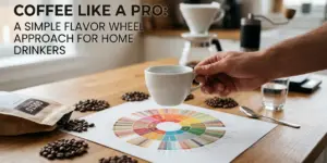 Mesa com xícara de café, grãos e roda de sabores.