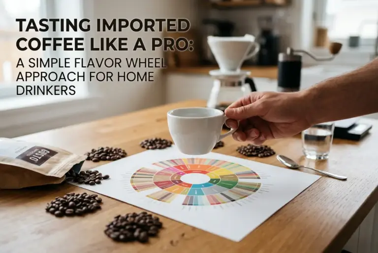 Mesa com xícara de café, grãos e roda de sabores.