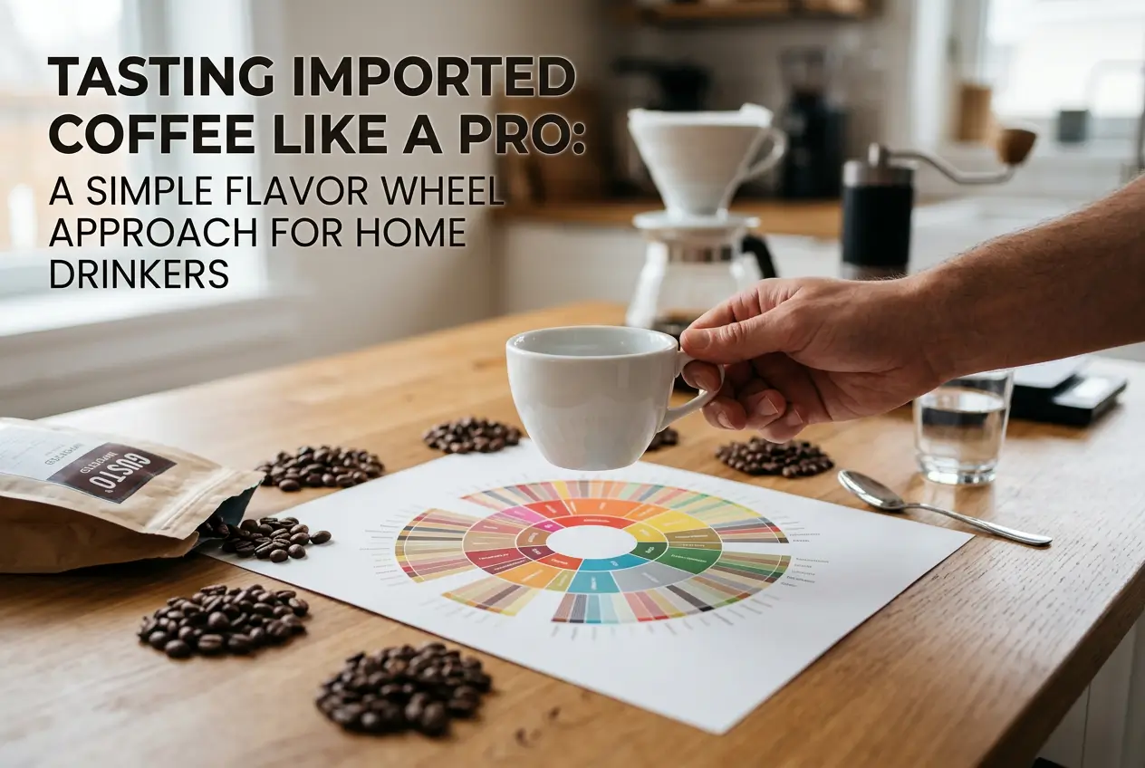 Mesa com xícara de café, grãos e roda de sabores.