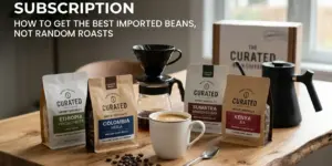 Café em mesa com pacotes Etiopia, Colombia, Sumatra e Kenya