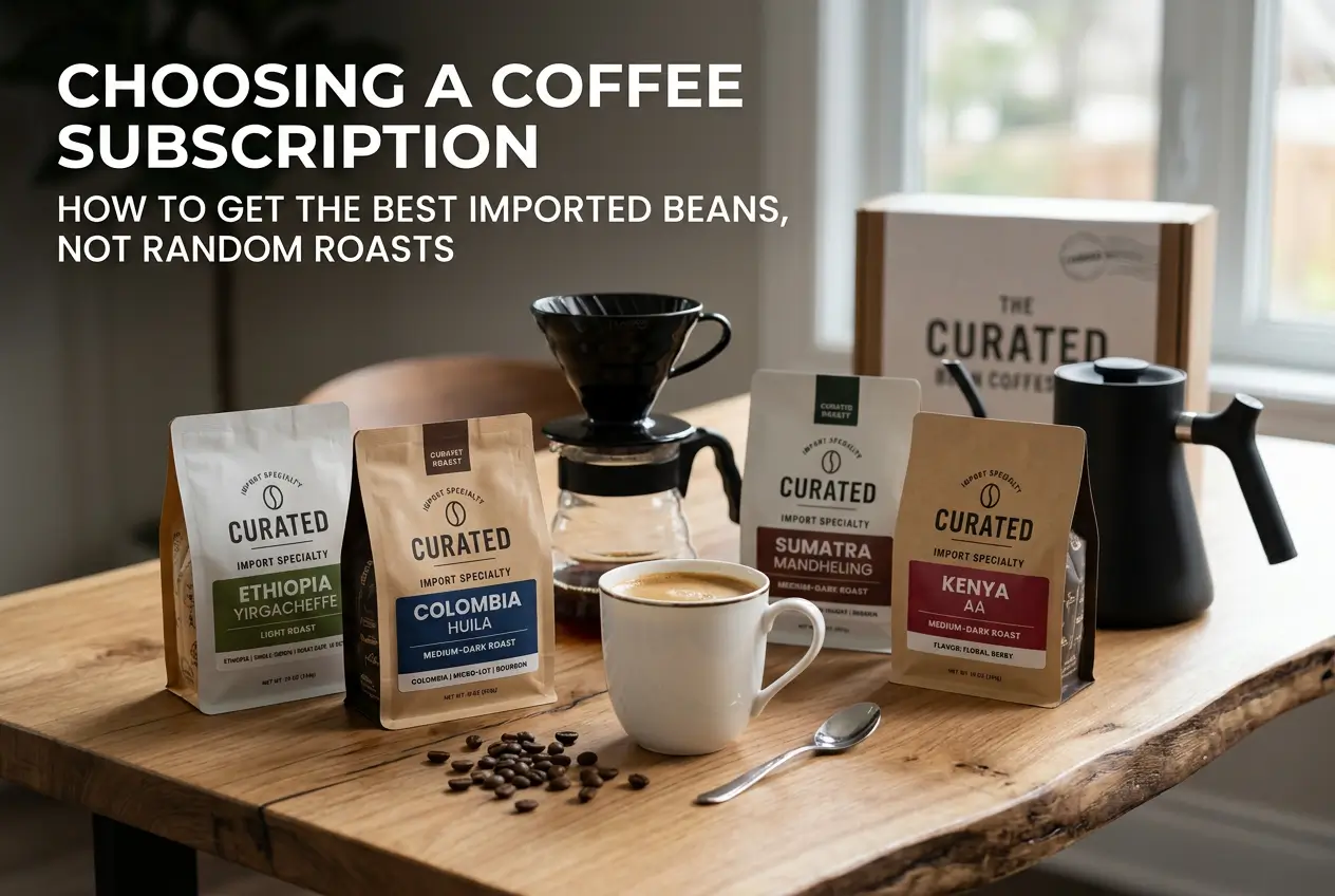 Café em mesa com pacotes Etiopia, Colombia, Sumatra e Kenya