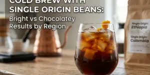 Copo de cold brew com laranja e saco de café de origem Etiópia e Colômbia
