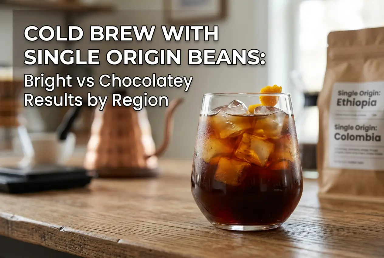 Copo de cold brew com laranja e saco de café de origem Etiópia e Colômbia