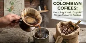 Café colombiano sendo servido em uma caneca de cerâmica