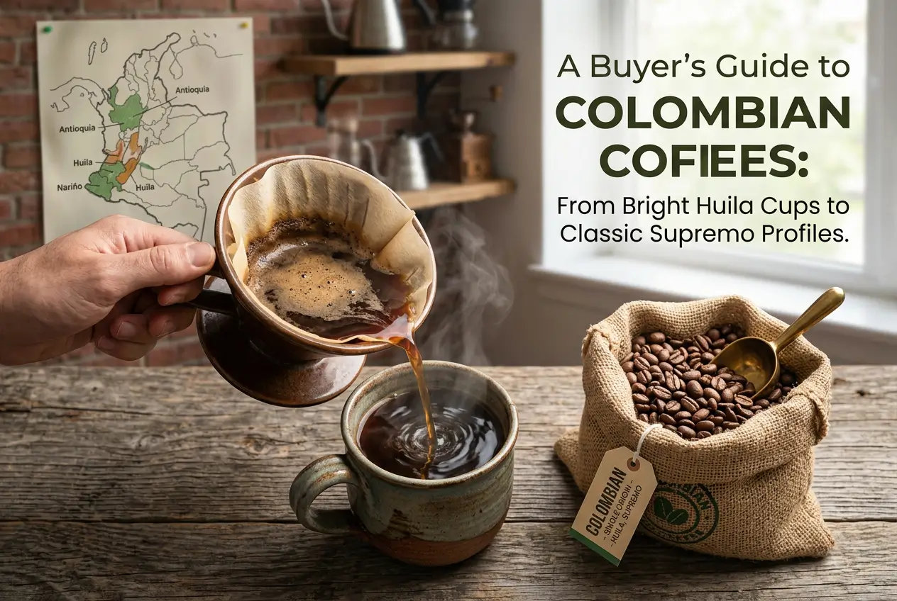 Café colombiano sendo servido em uma caneca de cerâmica