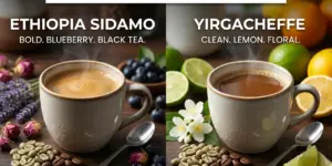 Comparação de cafés etíopes: Sidamo bold e Yirgacheffe clean