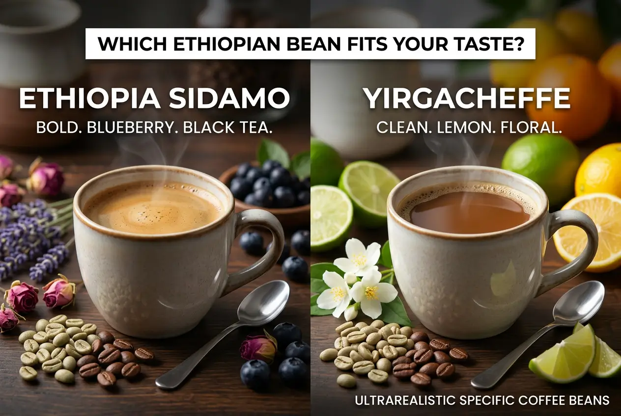 Comparação de cafés etíopes: Sidamo bold e Yirgacheffe clean