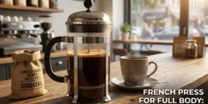 Prensa francesa com café e saco de grãos Sumatra em cena de café