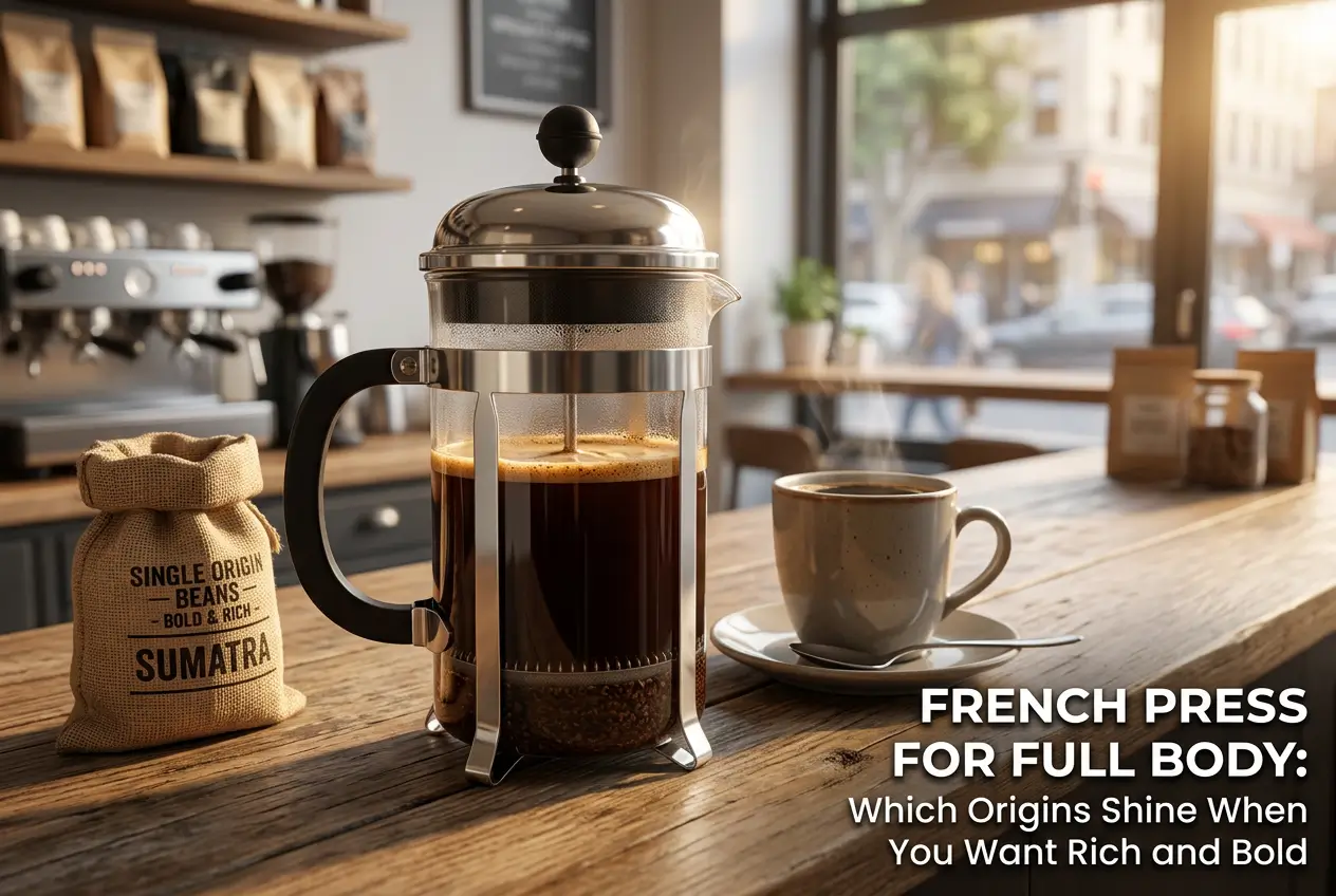 Prensa francesa com café e saco de grãos Sumatra em cena de café