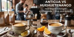 Dois copos de café Guatemala Antigua e Huehuetenango em mesa de madeira rústica