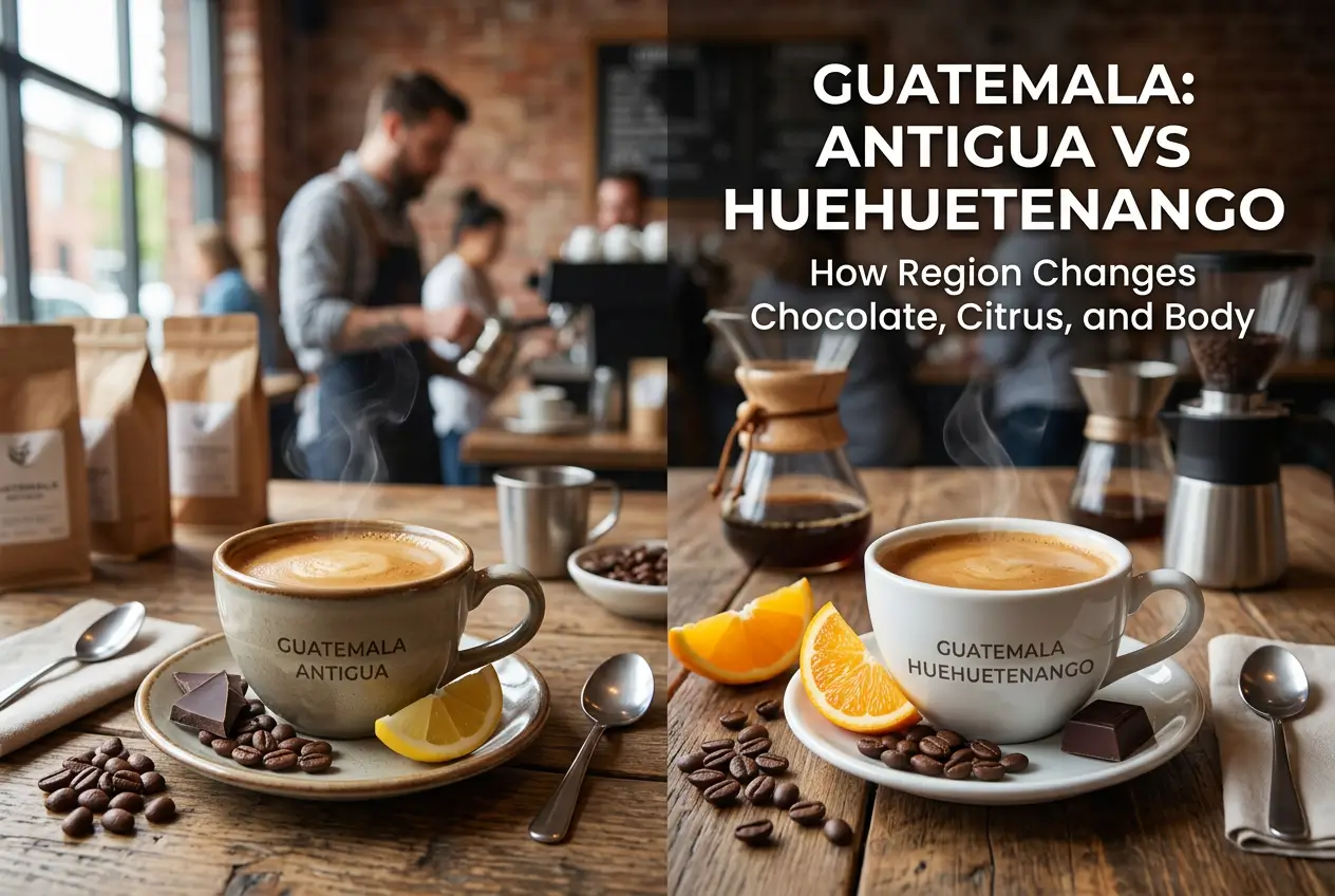 Dois copos de café Guatemala Antigua e Huehuetenango em mesa de madeira rústica