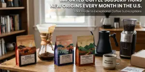 Cena de cozinha aconchegante com itens de café, destaque para bolsas de café 