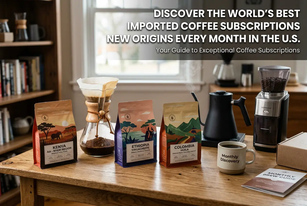 Cena de cozinha aconchegante com itens de café, destaque para bolsas de café "Kenya AA - Nyeri Region","Ethiopia Yirgacheffe","Colombia Huila"