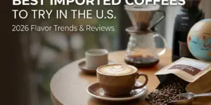 Setup de café com latte artístico e pacote de café Kenya AA, 2026