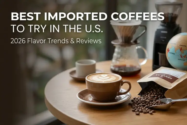 Setup de café com latte artístico e pacote de café Kenya AA, 2026